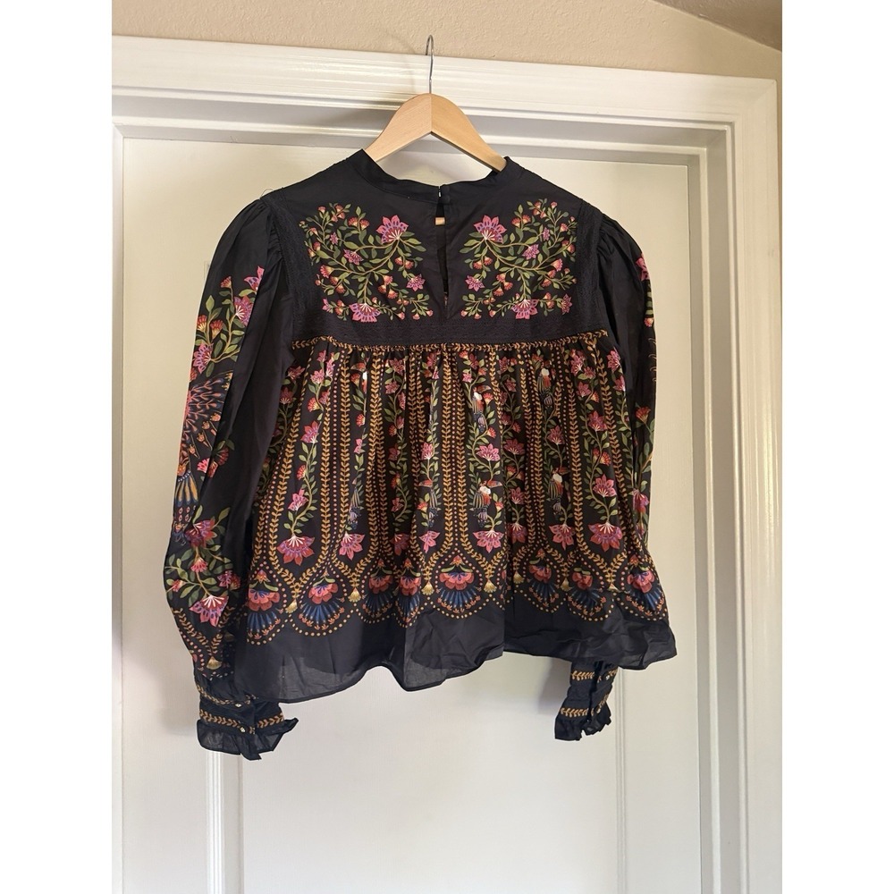 Farm Rio XL Bird Floral Lace Yoke Long Sleeve Boho Blouse - Picture 10 of 14